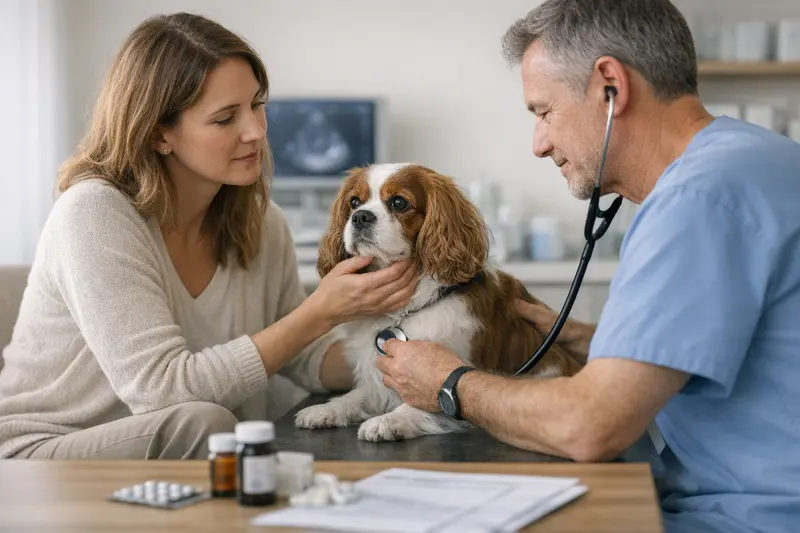 Tierarztbesuch bei Herzproblemen Hund mit Herzproblemen beim Tierarzt im Diagnoseprozess.