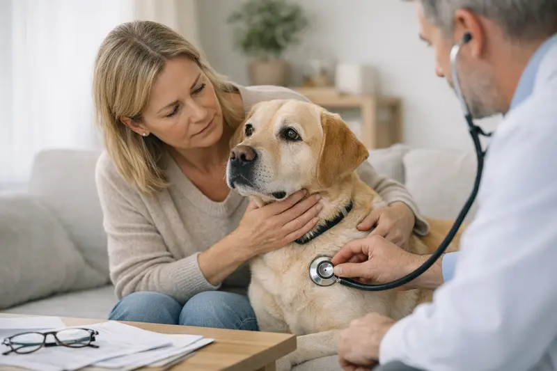 Tierarztbesuch bei Herzgeräuschen Eine besorgte Hundebesitzerin spricht mit einem Tierarzt über Herzgeräusche bei ihrem Hund.