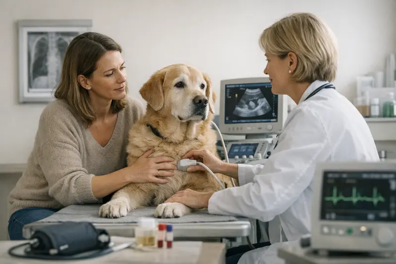 Herzultraschall beim Hund – Diagnostik bei Herzgeräuschen Ein Tierarzt führt einen Herzultraschall bei einem Hund durch.