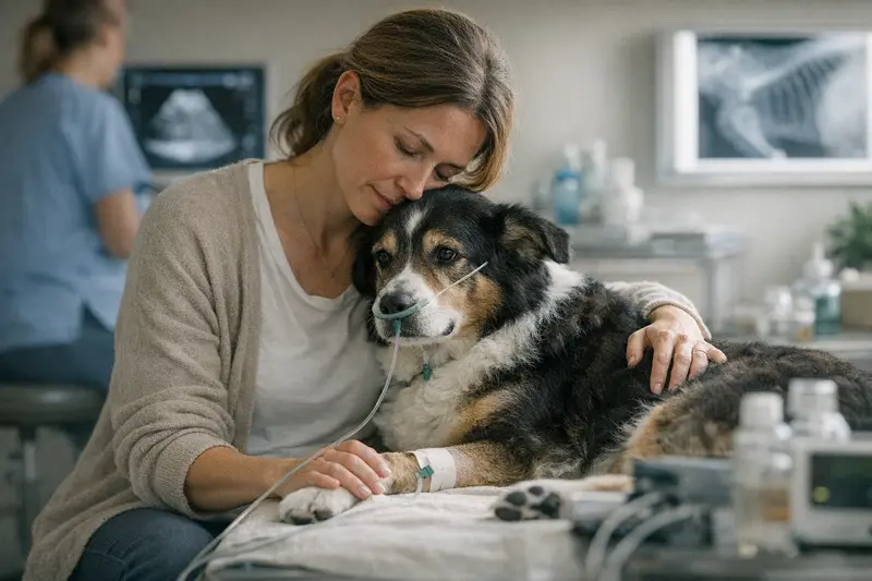 Tierarztkosten bei Herzinsuffizienz Eine Hundebesitzerin bespreche die Kosten einer Herzinsuffizienz-Behandlung bei ihrem Hund mit der Tierärztin.