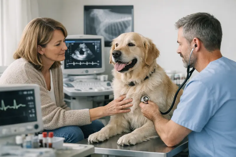 Ein Hund wird bei Verdacht auf Herzprobleme tierärztlich untersucht.