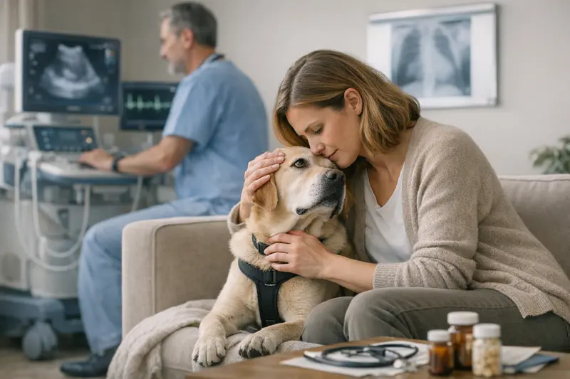 Hunde-Krankenversicherung und Herzgesundheit Ein Tierarzt führt einen Ultraschall bei einem Hund durch, um Herzprobleme zu untersuchen.