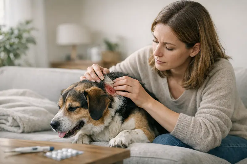 Wann zum Tierarzt mit dem Hund? Hund mit sichtbaren Symptomen, die einen Tierarztbesuch notwendig machen könnten.