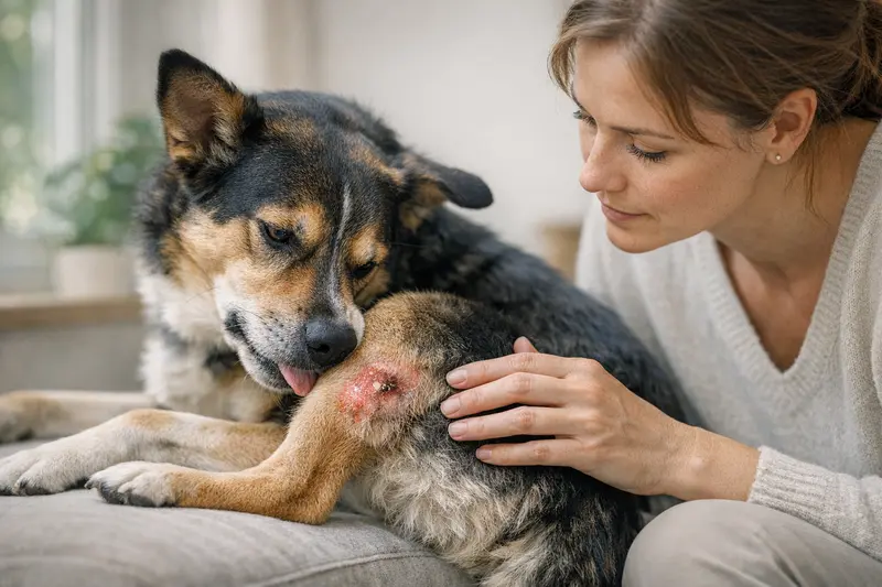 Symptome nach einem Stich bei Hunden Ein Hund kratzen sich am Ohr nach einem Stich von einer Hirschlausfliege.