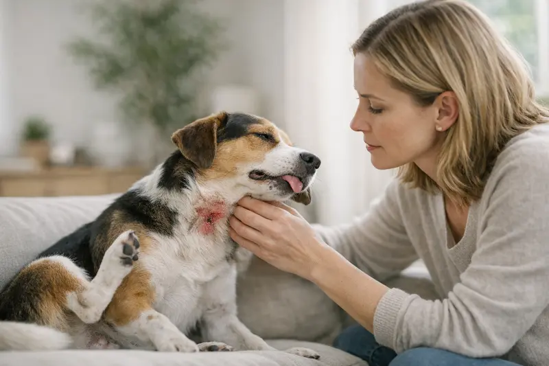 Symptome nach Insektenstich bei Hunden Hund mit geröteter Haut nach Insektenstich zeigt häufige Symptome wie Juckreiz und Schwellungen.