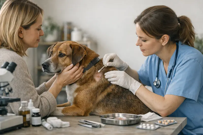 Tierarztuntersuchung bei Hautproblemen Ein Hund wird von einem Tierarzt untersucht, um Parasitenbefall zu diagnostizieren.