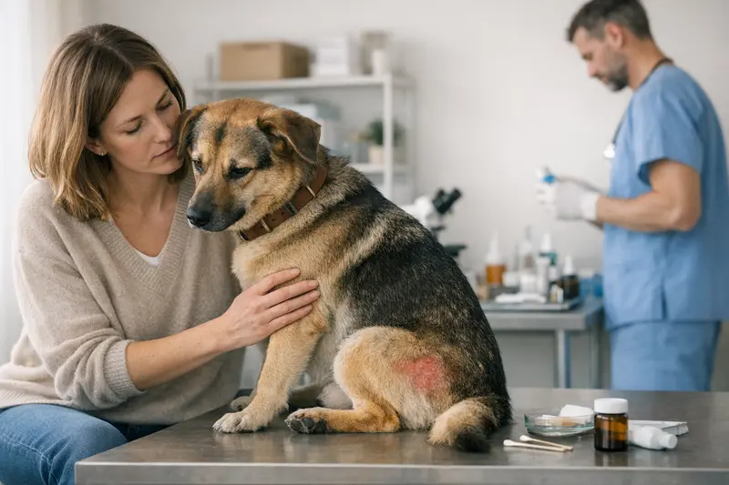 Tierarztuntersuchung Hund auf Parasiten Ein Hund, der von einem Tierarzt auf Parasiten untersucht wird.