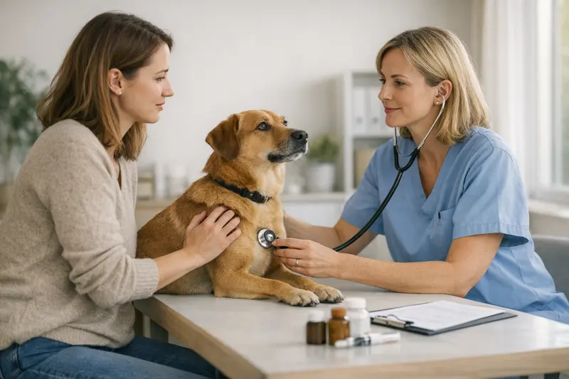 Wichtige Versicherungsleistungen für Tierhalter Hund beim Tierarzt zur Untersuchung wegen einer möglichen Erkrankung.