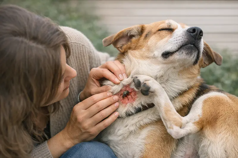 Hirschlausfliege im Hundefell erkennen Der Hund zeigt Symptome einer Hirschlausfliege im Fell.