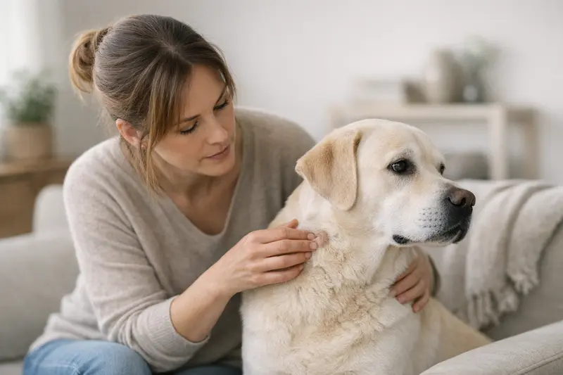 Tierarztuntersuchung bei Fund am Hund Ein Hund wird von einem Tierarzt untersucht, um einen Fund am Körper zu klären.