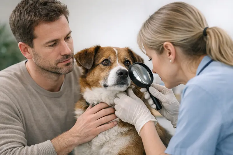 Hund beim Tierarzt zur Untersuchung auf Parasiten wie die Hirschlausfliege.