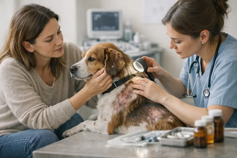 Tierarztuntersuchung bei Parasitenbefall Ein Hund wird von einem Tierarzt auf Parasiten und deren Folgen untersucht.