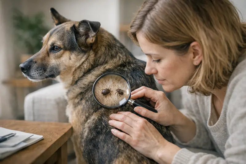 Ein Hund wird untersucht, um Hirschlausfliegen und Zecken zu unterscheiden.