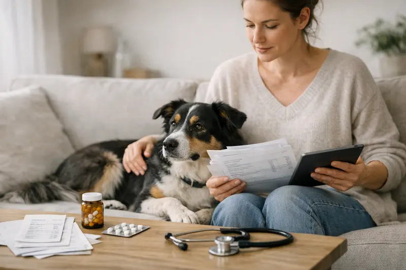 Tarifvergleich Hundeverversicherung Eine Hundebesitzerin vergleicht verschiedene Versicherungstarife für ihren Hund am Laptop.