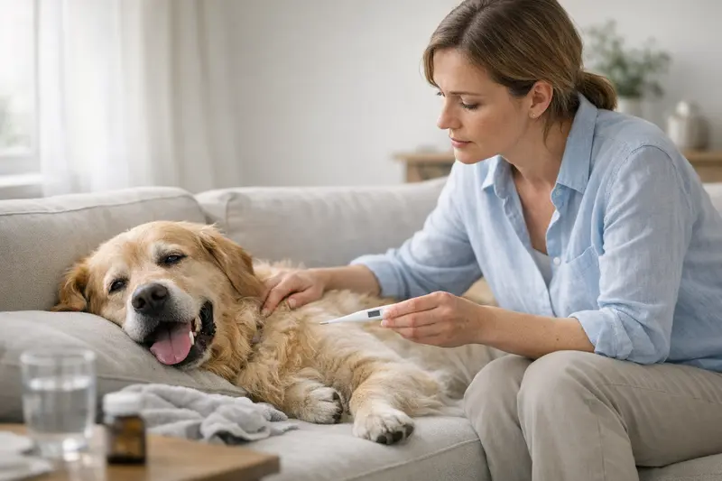 Hecheln beim Hund als Warnsignal Ein Hund liegt auf dem Boden und hechelt, was auf mögliche gesundheitliche Probleme hinweisen könnte.