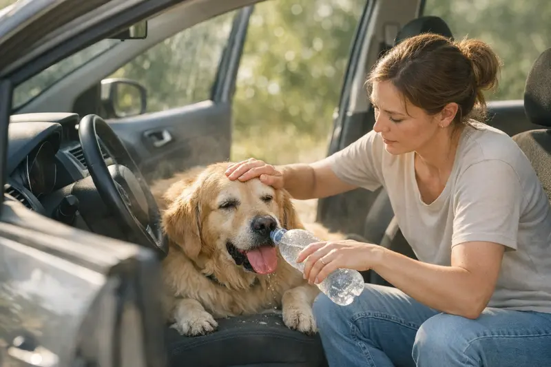 Hund im Auto bei Sonnenschein Ein Hund sitzt in einem Auto, während die Sonne scheint, was die Gefahr von Überhitzung illustriert.