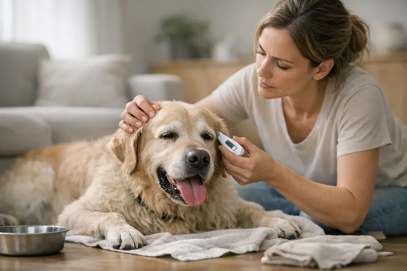 Hund mit erhöhter Körpertemperatur zeigt Anzeichen von Schwäche, wichtiges Signal für Tierhalter.