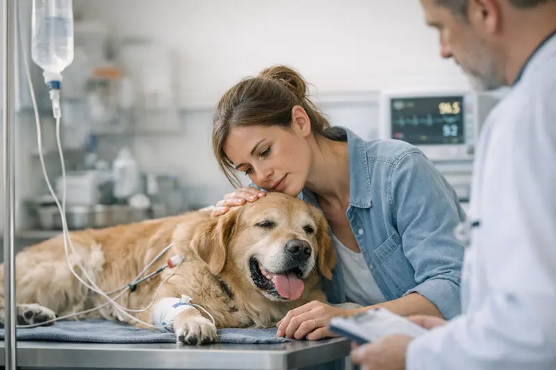 Tierarztkosten bei Hitzschlag beim Hund Ein Hund bekommt beim Tierarzt Behandlung aufgrund eines Hitzschlags.