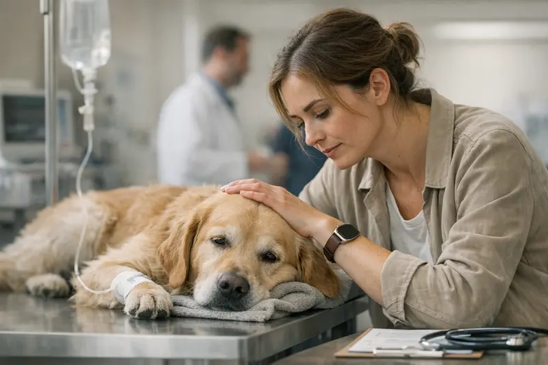 Tierarztberatung zur Hundeverversicherung Hundehalterin konsultiert einen Tierarzt über die Notfallversicherung für ihren Hund.