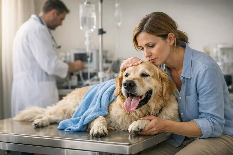 Hund in tierärztlicher Notfallbehandlung Ein Hund in einer tierärztlichen Klinik, der wegen Hitzeschlag behandelt wird.