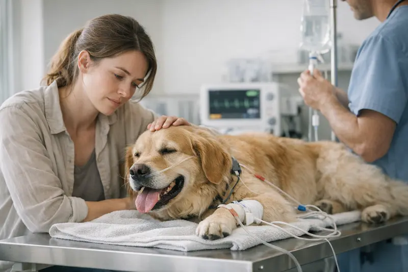 Tierarztkosten bei Hitzschlag im Hund Tierarzt untersucht einen Hund mit Anzeichen von Hitzschlag.