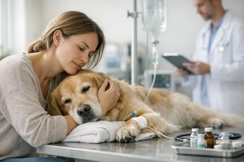 Hund beim Tierarzt zur Notfalluntersuchung, wichtig für Versicherungstarifvergleich