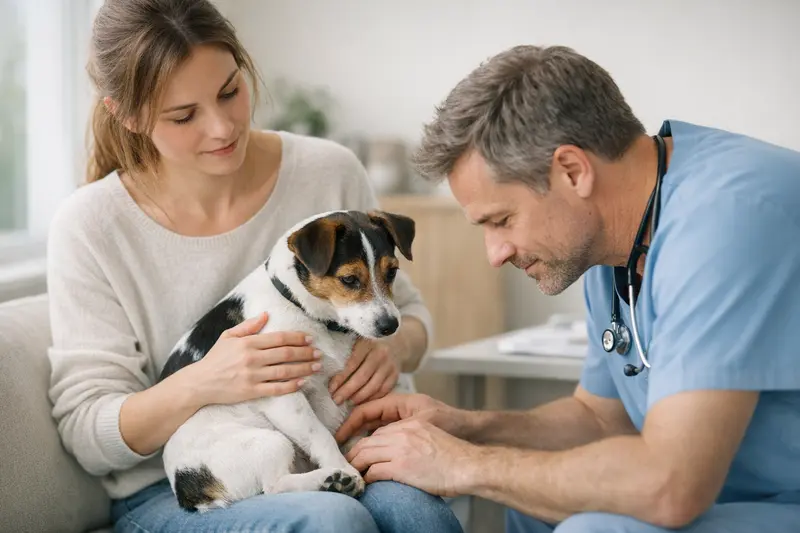 Hodenabstieg bei Hunden Ein Tierarzt untersucht den Hoden eines Hundes, um den Hodenabstieg zu überprüfen.