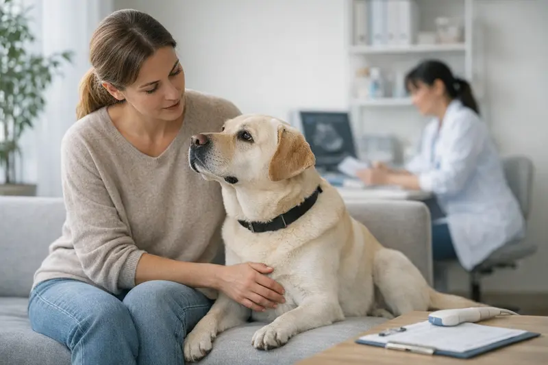 Ein Hund beim Tierarzt, der auf einen nicht abgestiegenen Hoden untersucht wird.