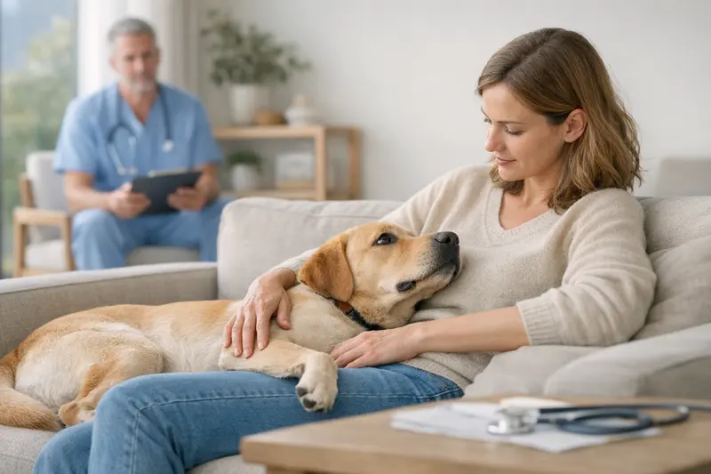 Tierarzt untersucht einen Hund mit Kryptorchismus auf nicht abgestiegenen Hoden.