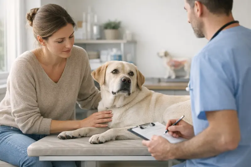 Ein Hund mit unnormaler Hodenentwicklung wird von einem Tierarzt untersucht.