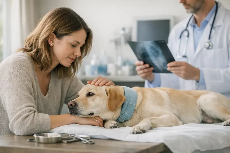 Tierärztliche Untersuchung nach Hodenabstieg Eine Tierärztin überprüft einen Hund nach einer Operation auf möglichen Hodenabstieg.