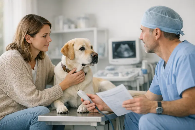 Hund bei Tierarztuntersuchung Ein Hund wird in einer Tierarztpraxis für eine Operation untersucht.