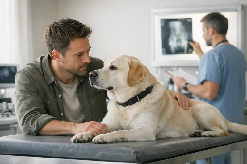 Tierarztuntersuchung bei Hund Tierärztliche Untersuchung eines Hundes auf mögliche Gesundheitsprobleme.
