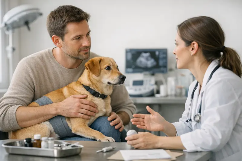 Tierarztuntersuchung Hund Kryptorchismus Tierarzt untersucht einen Hund auf mögliche gesundheitliche Probleme im Zusammenhang mit Kryptorchismus.