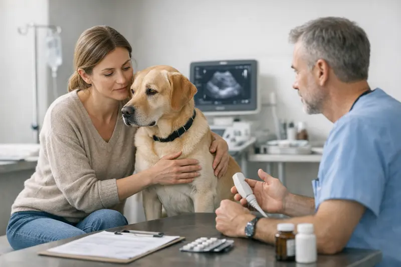 Kosten bei Hodenabstieg beim Hund Tierarzt untersucht Hund auf Hodenabstieg, Kosten für Behandlung und Versicherung werden erläutert.