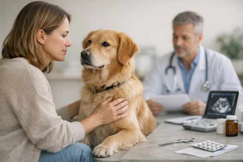 Tarifvergleich Tierkrankenversicherung für Hunde Ein Hundebesitzer vergleicht verschiedene Tarifoptionen für eine Tierkrankenversicherung am Laptop.
