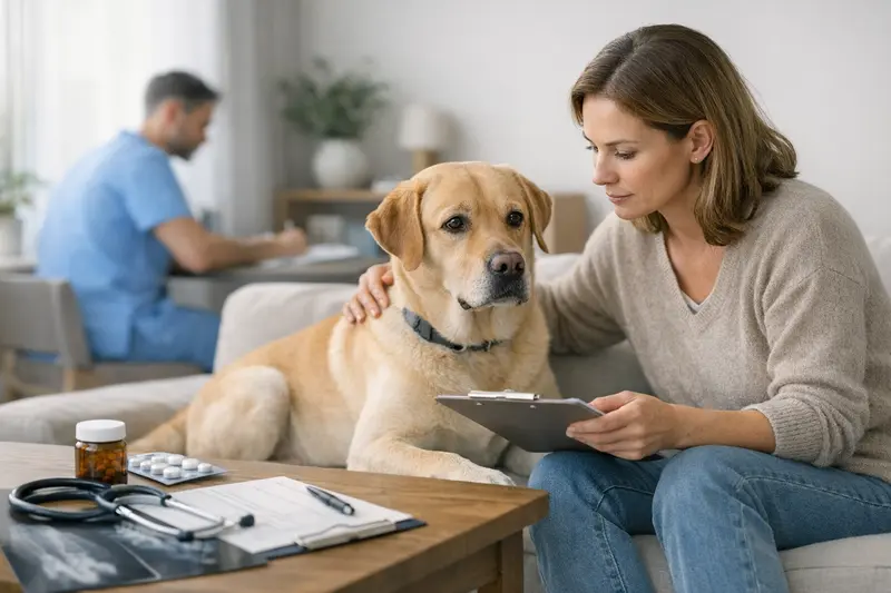 Hund und Tierarzt im Gespräch über Versicherungsdetails Hund untersucht von Tierarzt, um Gesundheitszustand für Versicherungsvergleich zu klären.