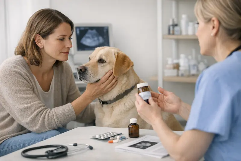 Tierarzt untersucht einen Hund mit hormonellen Erkrankungen