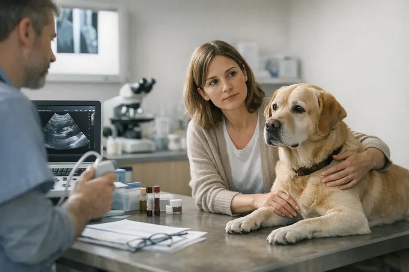 Diagnostik bei hormonellen Erkrankungen von Hunden Tierarzt führt eine Diagnostik bei einem Hund mit hormonellen Erkrankungen durch.