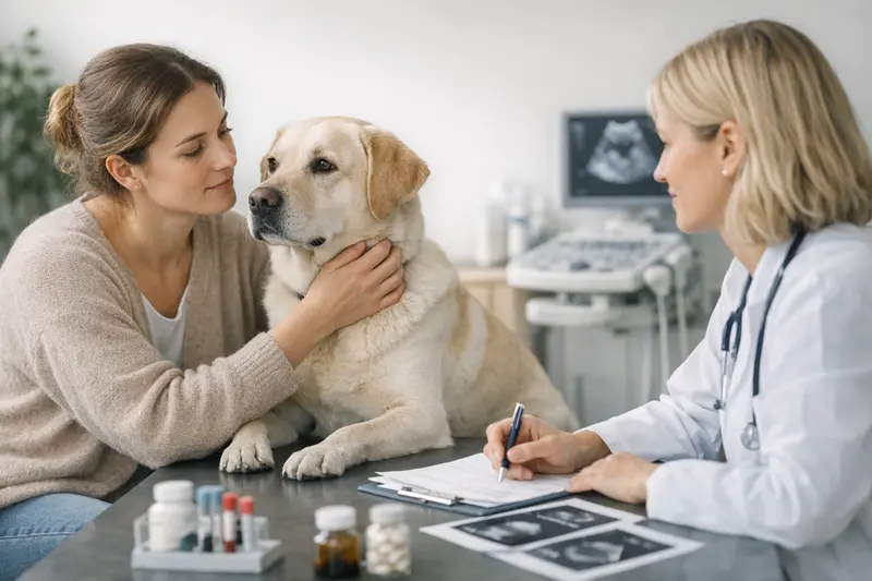 Hund beim Tierarzt - hormonelle Probleme Ein Hund beim Tierarzt zur Untersuchung auf hormonelle Probleme.