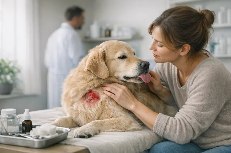 Hund mit Hotspot-Behandlung Ein Hund mit einem Hotspot, der behandelt wird, zeigt Anzeichen von Unbehagen.
