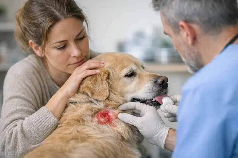 Hunde-Hotspot und seine Behandlung Ein Hund mit einem Hotspot, der besorgt aussieht und von seinem Besitzer beobachtet wird.