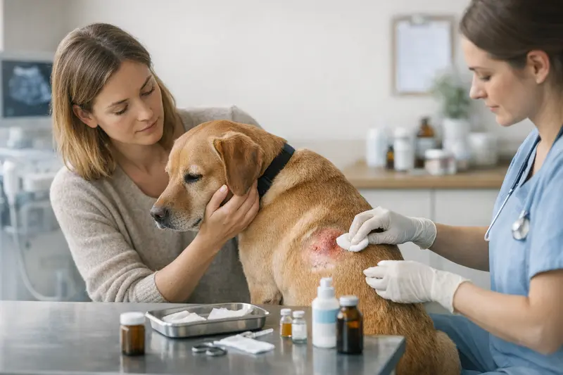 Tierarzt untersucht einen Hund mit einem Hotspot und erklärt die typischen Tierarztkosten.