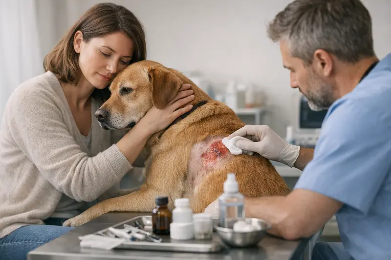 Tierarzt untersucht Hotspot bei einem Hund und erklärt die typischen Kosten.
