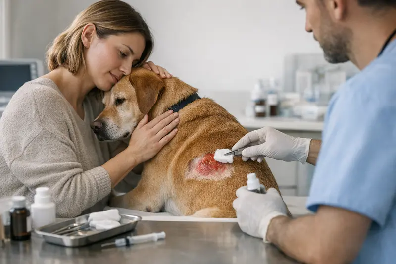 Tierarztkosten bei Hotspots beim Hund Hund beim Tierarzt während der Behandlung eines Hotspots.