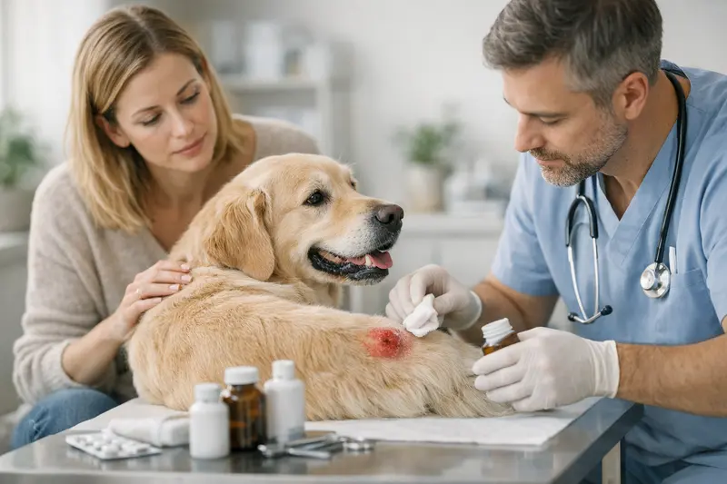 Tierarztbesuch zur Hotspot-Behandlung Ein Hundebesitzer berät sich mit einem Tierarzt über die Behandlung von Hotspots.