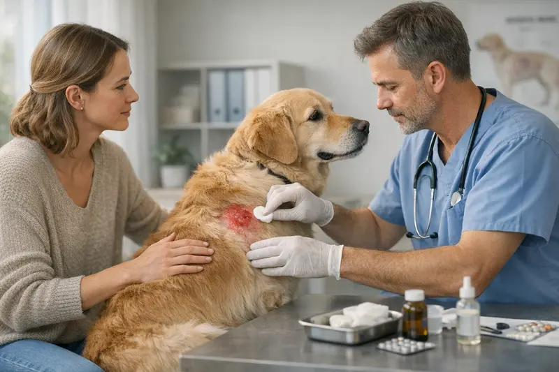 Wichtige Versicherungsleistungen bei Hotspots Tierarzt untersucht Hund mit Hotspot zur optimalen Behandlung dieser Hauterkrankung.