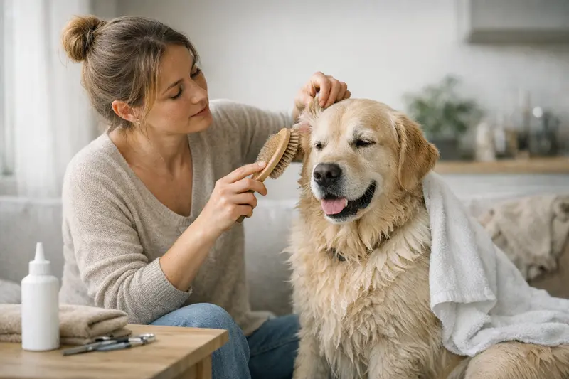 Hotspots beim Hund vorbeugen durch Fellpflege Ein gepflegter Hund zeigt, wie regelmäßige Fellpflege zur Vorbeugung von Hotspots beiträgt.