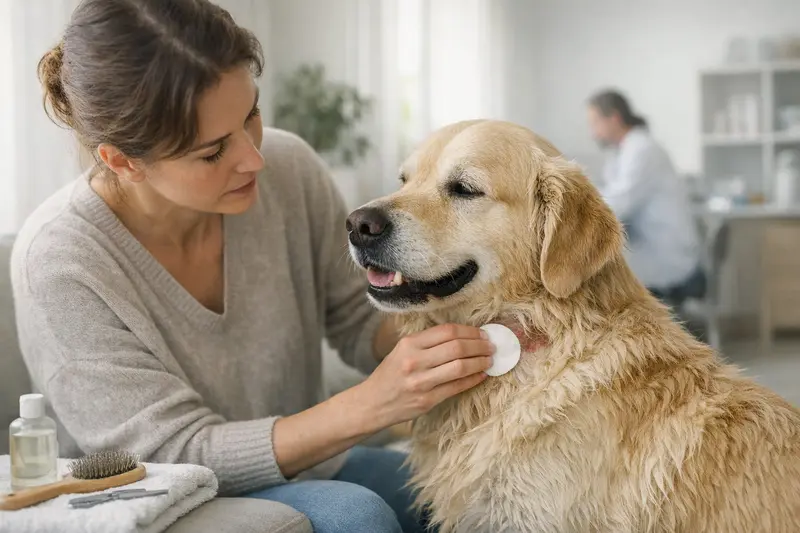 Gesunder Hund bei einer Fellpflege, um Hotspots vorzubeugen.
