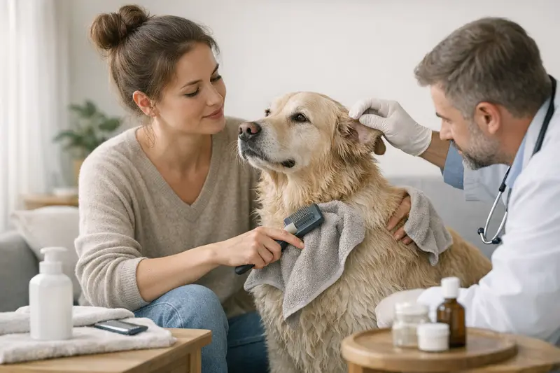 Vorbeugung von Hotspots bei Hunden Hundehalter bürstet seinen Hund zur Vorbeugung von Hotspots.